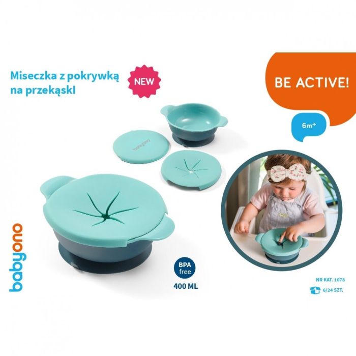 Babyono kleepuva põhjaga kauss koos kaanega sinine 