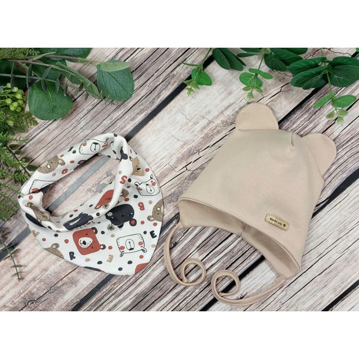 Beebi müts ja sall  "Love" - Beige bears