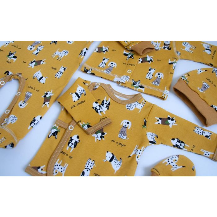 Kūdikio kraitelis - drabužėliai naujagimiui "Baggy" 5 dalių garstyčių spalvos