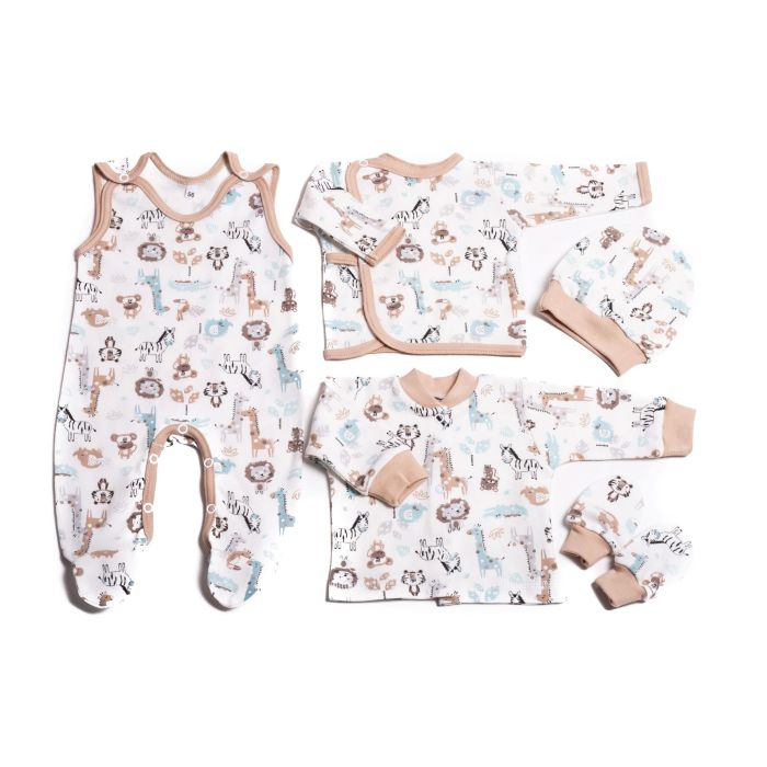 Kūdikio kraitelis - drabužėliai naujagimiui "Jungle beige" 5 dalių 