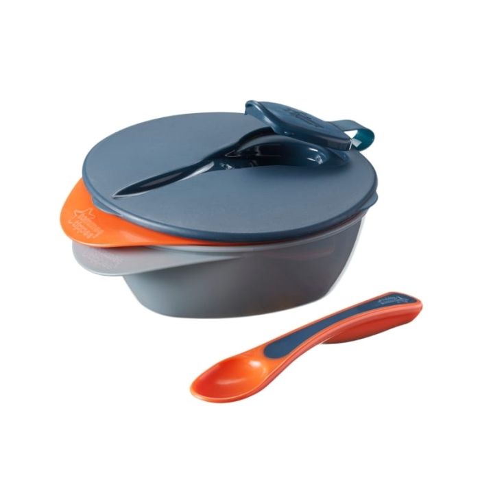 Tommee Tippee kaanega kausid ja lusikas (hall ja oranž)