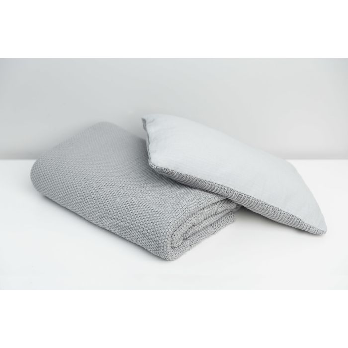 Muslino ir megztos medvilnės pledukas ir pagalvė kūdikiui "Luxury" pilkas