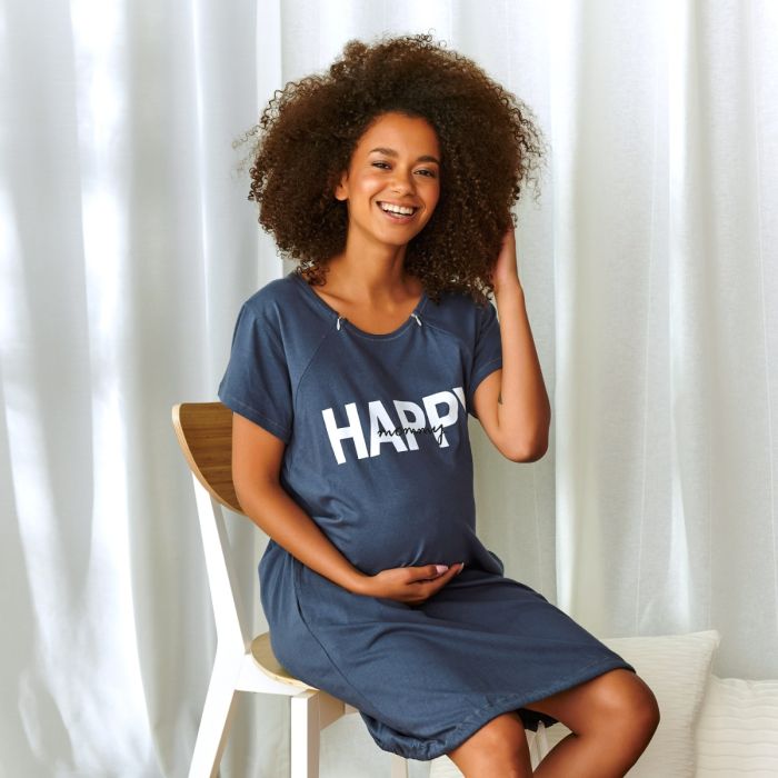 Puuvillane öösärk rasedatele naistele  "Happy" DEEP BLUE