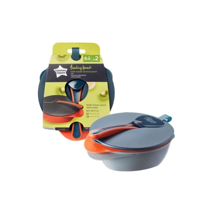 Tommee Tippee kaanega kausid ja lusikas (hall ja oranž)