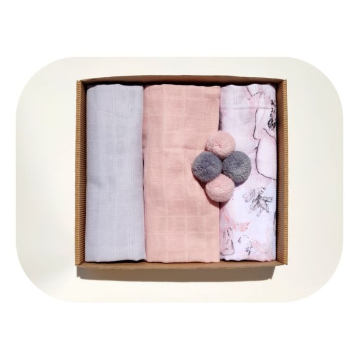 Muslino vystyklų rinkinys kūdikiams su pom-ponais, kutais